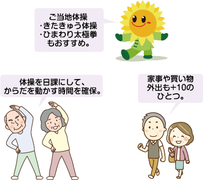 ご当地体操「きたきゅう体操」「ひまわり太極拳」もおすすめ。／体操を日課にして、からだを動かす時間を確保／家事や買い物、外出も+10のひとつ